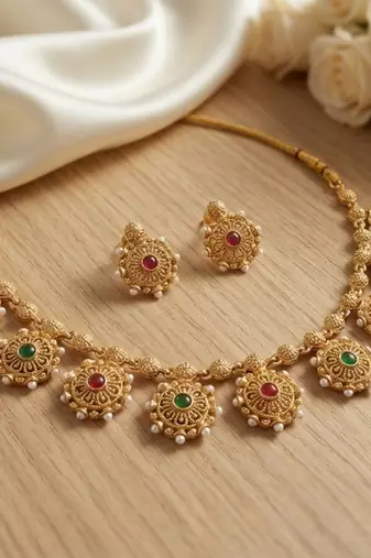 Gold plated temple jewelry set | traditional red & green stone choker necklace with matching earrings