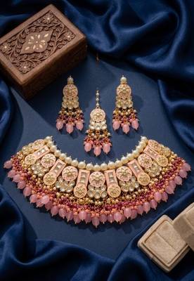 Pink kundan choker necklace set with earrings & maang tikka | bollywood bridal indian jewelry for women 1