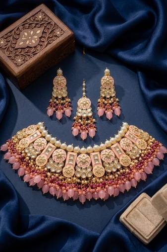 Pink kundan choker necklace set with earrings & maang tikka | bollywood bridal indian jewelry for women