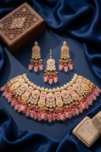 Pink kundan choker necklace set with earrings & maang tikka | bollywood bridal indian jewelry for women
