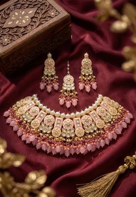 Pink kundan choker necklace set with earrings & maang tikka | bollywood bridal indian jewelry for women 2