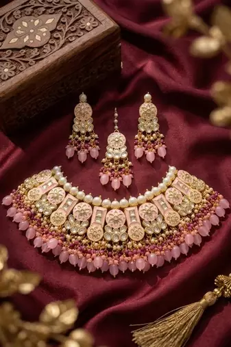 Pink kundan choker necklace set with earrings & maang tikka | bollywood bridal indian jewelry for women