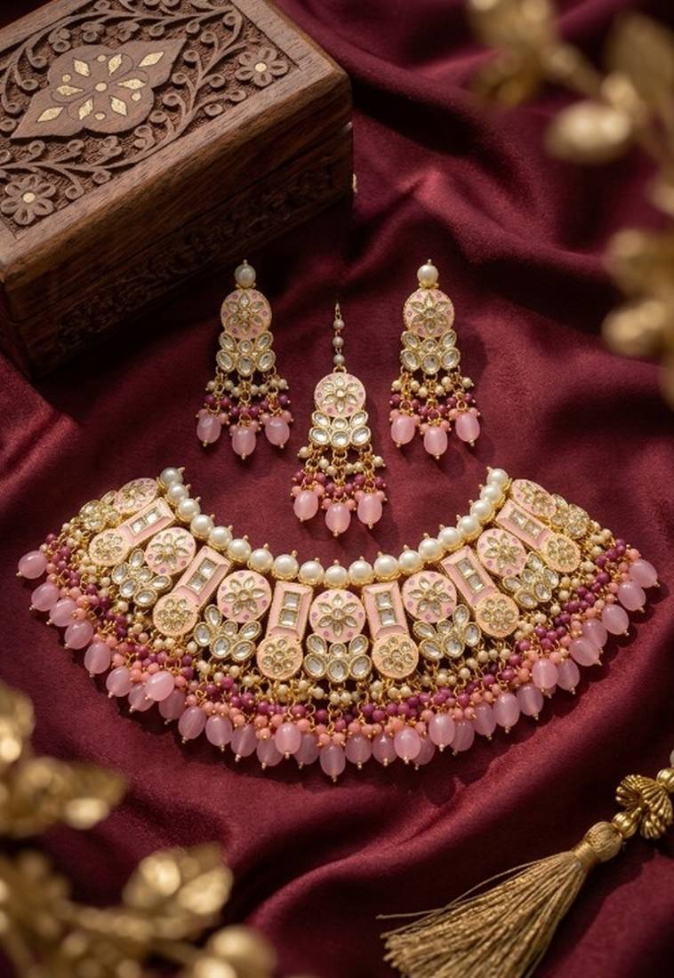 Pink kundan choker necklace set with earrings & maang tikka | bollywood bridal indian jewelry for women