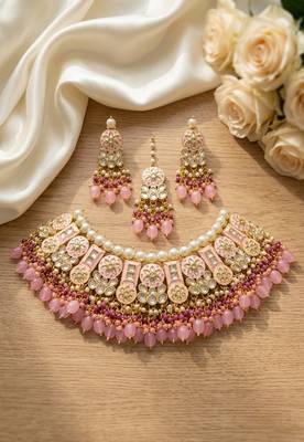 Pink kundan choker necklace set with earrings & maang tikka | bollywood bridal indian jewelry for women 3