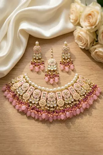 Pink kundan choker necklace set with earrings & maang tikka | bollywood bridal indian jewelry for women