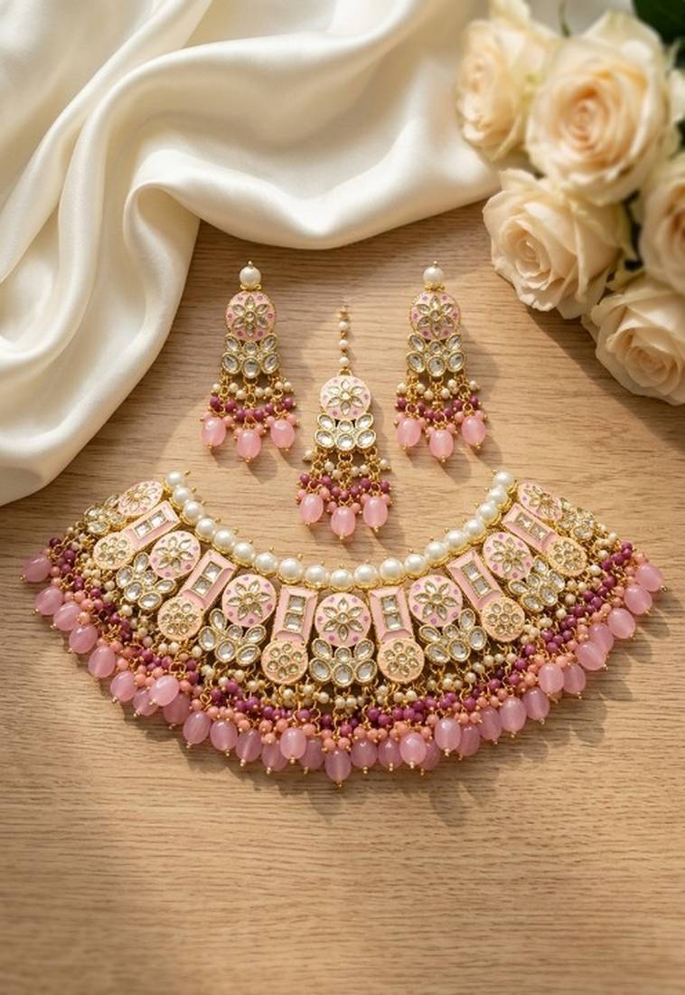 Pink kundan choker necklace set with earrings & maang tikka | bollywood bridal indian jewelry for women