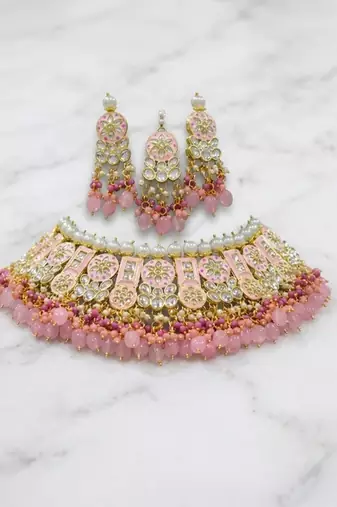 Pink kundan choker necklace set with earrings & maang tikka | bollywood bridal indian jewelry for women
