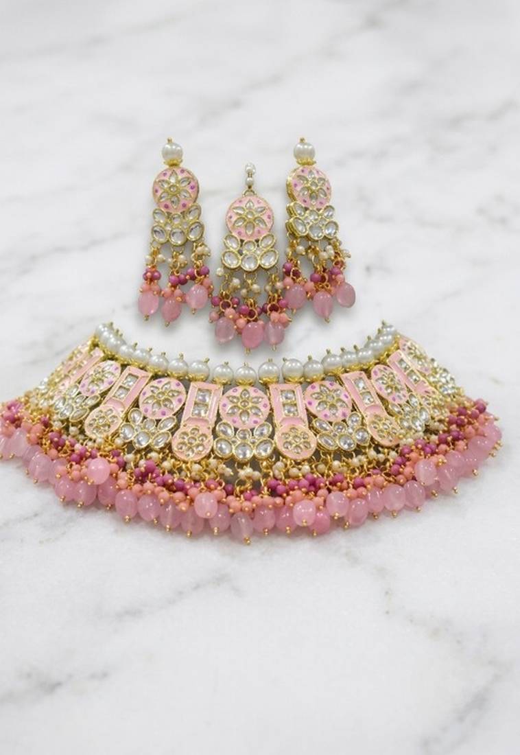 Pink kundan choker necklace set with earrings & maang tikka | bollywood bridal indian jewelry for women