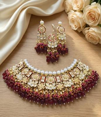 Maroon kundan choker necklace set with earrings & maang tikka | bollywood bridal indian jewelry for women 1