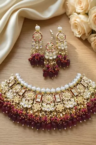 Maroon kundan choker necklace set with earrings & maang tikka | bollywood bridal indian jewelry for women