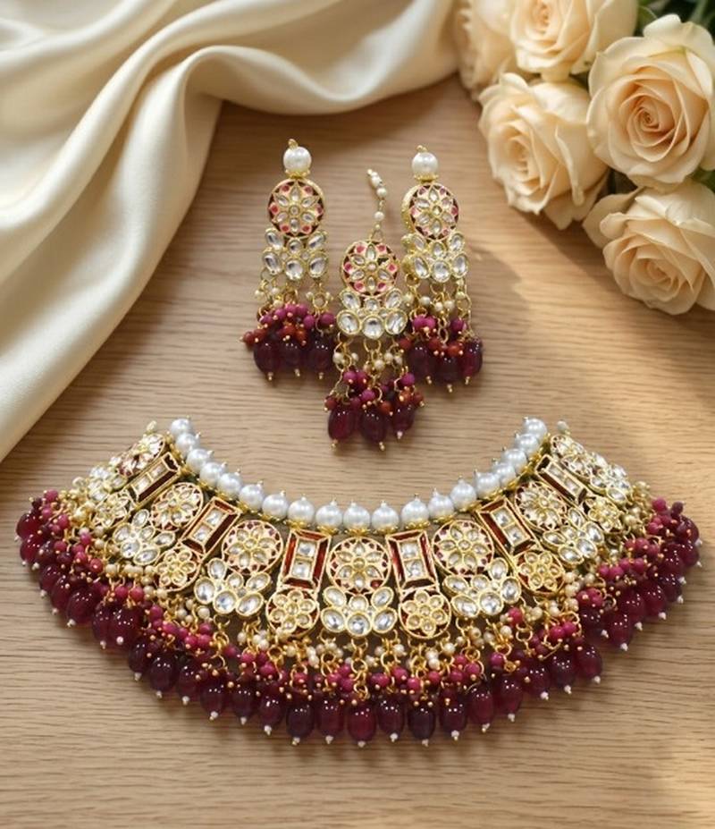 Maroon kundan choker necklace set with earrings & maang tikka | bollywood bridal indian jewelry for women