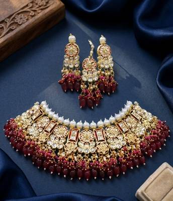 Maroon kundan choker necklace set with earrings & maang tikka | bollywood bridal indian jewelry for women 2