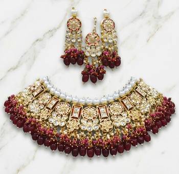 Maroon kundan choker necklace set with earrings & maang tikka | bollywood bridal indian jewelry for women 3