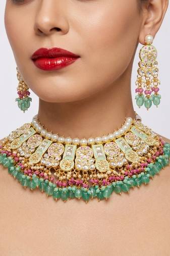 Mint kundan choker necklace set with earrings & maang tikka | bollywood bridal indian jewelry for women