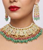 Mint kundan choker necklace set with earrings & maang tikka | bollywood bridal indian jewelry for women