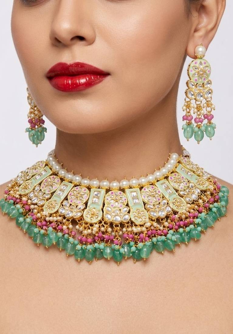 Mint kundan choker necklace set with earrings & maang tikka | bollywood bridal indian jewelry for women
