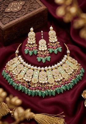 Mint kundan choker necklace set with earrings & maang tikka | bollywood bridal indian jewelry for women 2