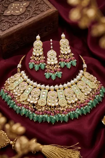 Mint kundan choker necklace set with earrings & maang tikka | bollywood bridal indian jewelry for women