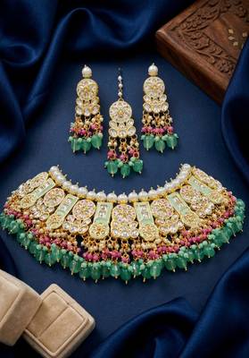 Mint kundan choker necklace set with earrings & maang tikka | bollywood bridal indian jewelry for women 3
