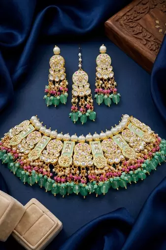 Mint kundan choker necklace set with earrings & maang tikka | bollywood bridal indian jewelry for women