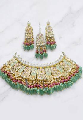 Mint kundan choker necklace set with earrings & maang tikka | bollywood bridal indian jewelry for women 4