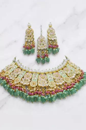Mint kundan choker necklace set with earrings & maang tikka | bollywood bridal indian jewelry for women