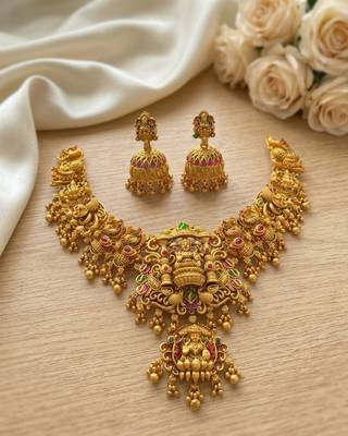 Gold temple jewelry set - south indian lakshmi necklace & jhumka earrings 1