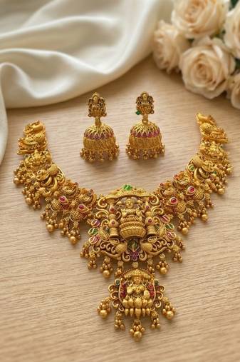 Gold temple jewelry set - south indian lakshmi necklace & jhumka earrings