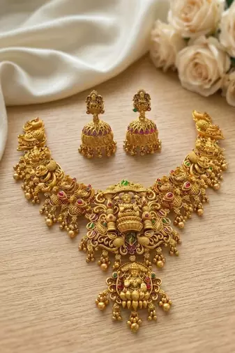 Gold temple jewelry set - south indian lakshmi necklace & jhumka earrings