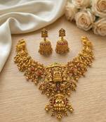 Gold temple jewelry set - south indian lakshmi necklace & jhumka earrings