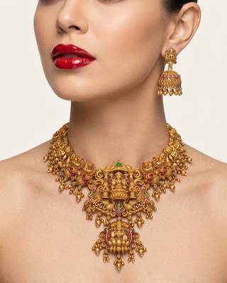 Gold temple jewelry set - south indian lakshmi necklace & jhumka earrings 2