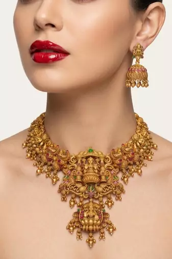 Gold temple jewelry set - south indian lakshmi necklace & jhumka earrings
