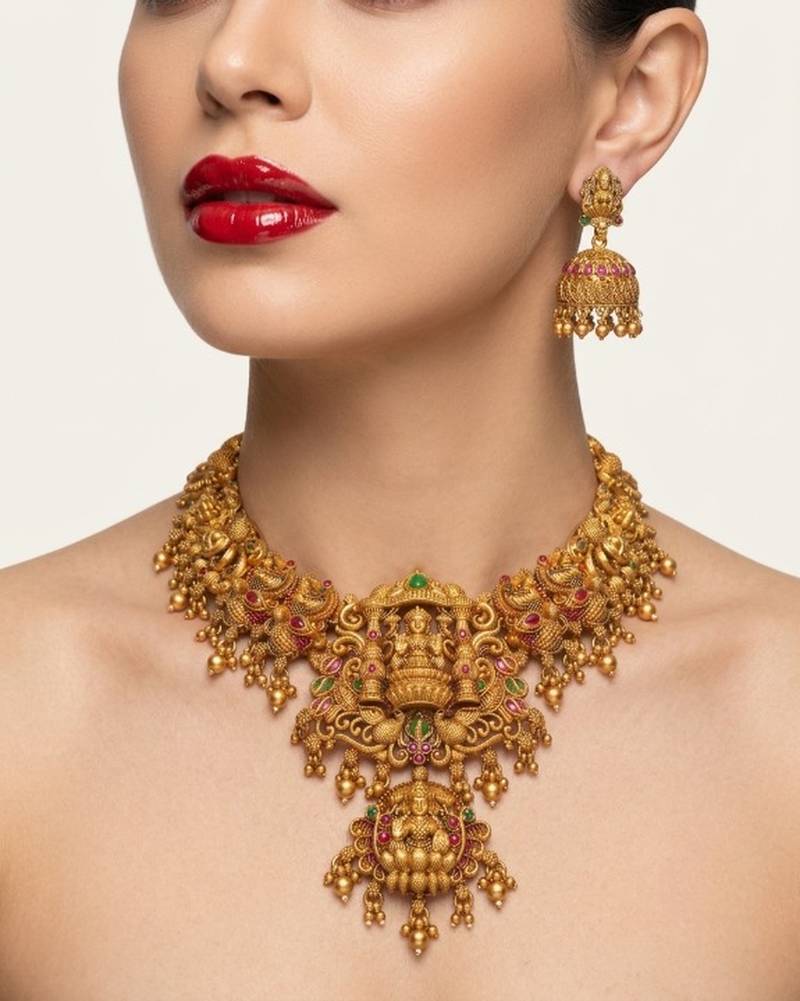 Gold temple jewelry set - south indian lakshmi necklace & jhumka earrings