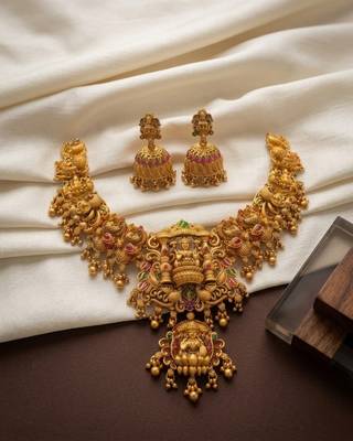 Gold temple jewelry set - south indian lakshmi necklace & jhumka earrings 3