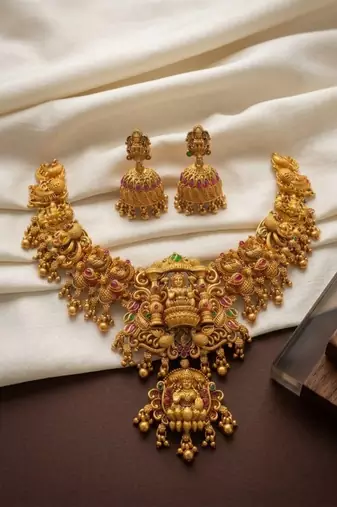 Gold temple jewelry set - south indian lakshmi necklace & jhumka earrings