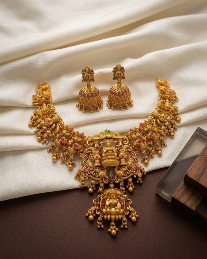 Gold temple jewelry set - south indian lakshmi necklace & jhumka earrings