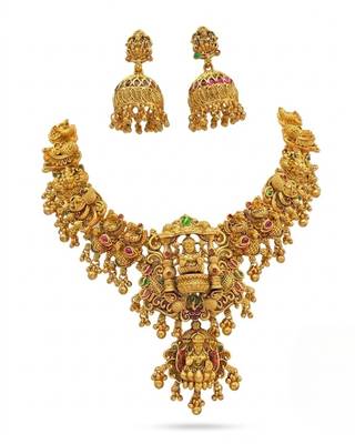 Gold temple jewelry set - south indian lakshmi necklace & jhumka earrings 4