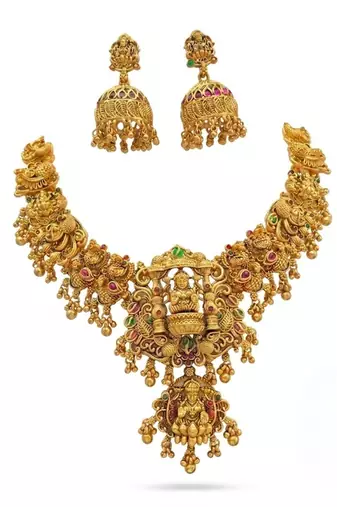 Gold temple jewelry set - south indian lakshmi necklace & jhumka earrings