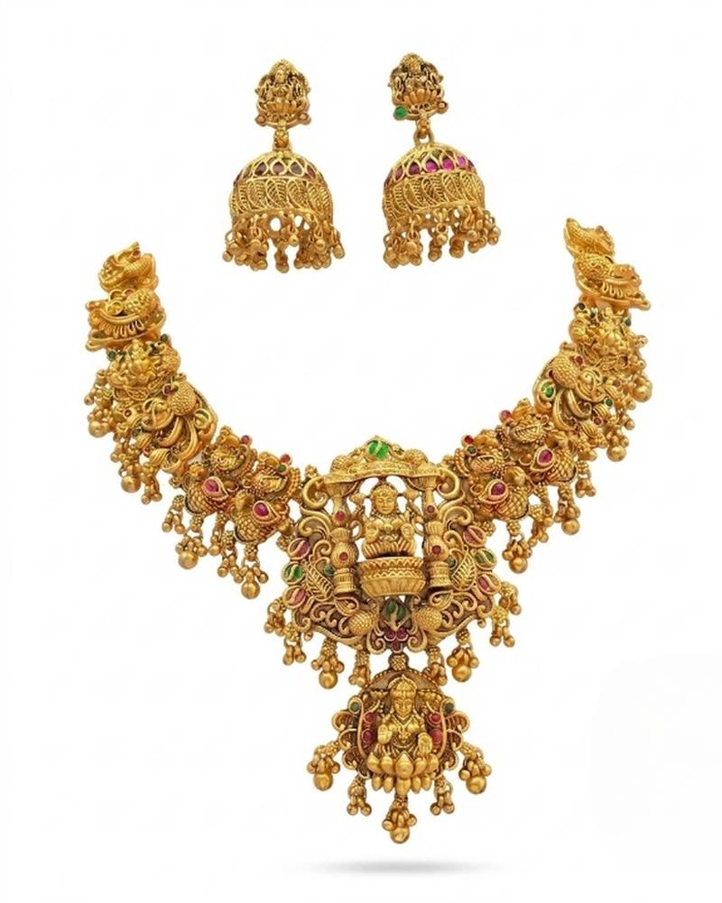 Gold temple jewelry set - south indian lakshmi necklace & jhumka earrings
