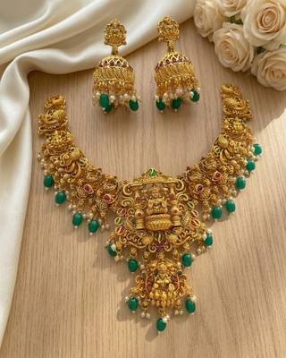 Gold temple jewelry set - south indian lakshmi necklace & jhumka earrings 1
