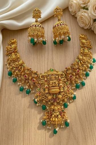 Gold temple jewelry set - south indian lakshmi necklace & jhumka earrings