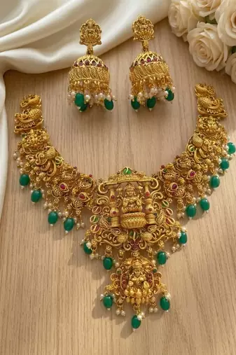 Gold temple jewelry set - south indian lakshmi necklace & jhumka earrings