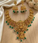 Gold temple jewelry set - south indian lakshmi necklace & jhumka earrings