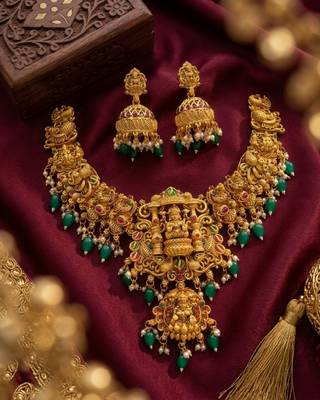Gold temple jewelry set - south indian lakshmi necklace & jhumka earrings 2