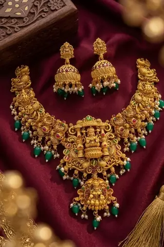 Gold temple jewelry set - south indian lakshmi necklace & jhumka earrings