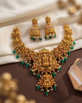 Gold temple jewelry set - south indian lakshmi necklace & jhumka earrings 3