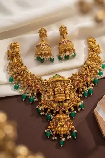 Gold temple jewelry set - south indian lakshmi necklace & jhumka earrings