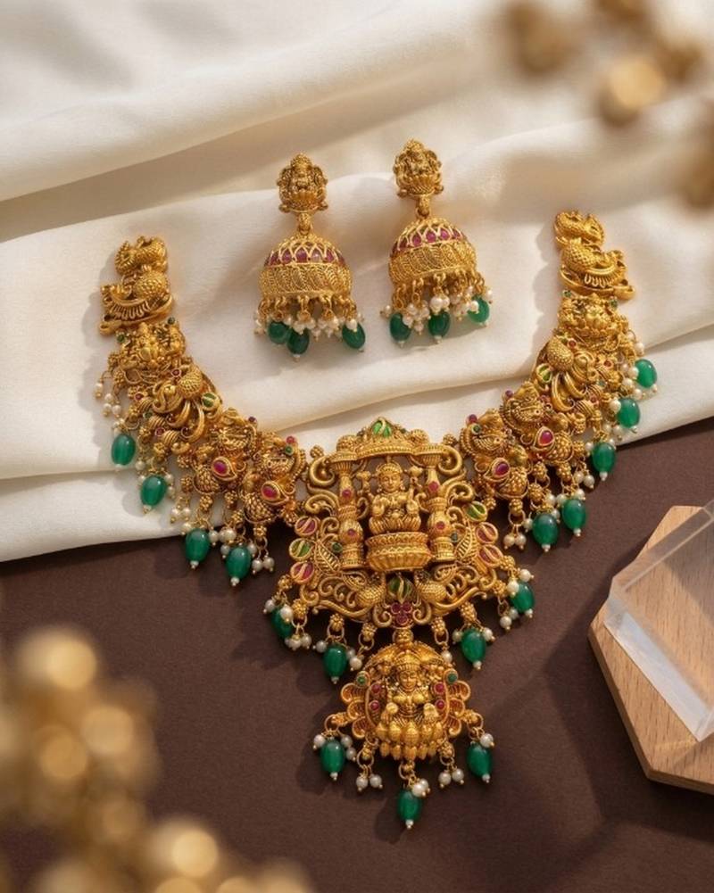 Gold temple jewelry set - south indian lakshmi necklace & jhumka earrings