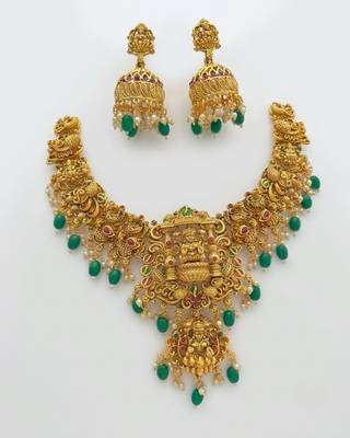 Gold temple jewelry set - south indian lakshmi necklace & jhumka earrings 4