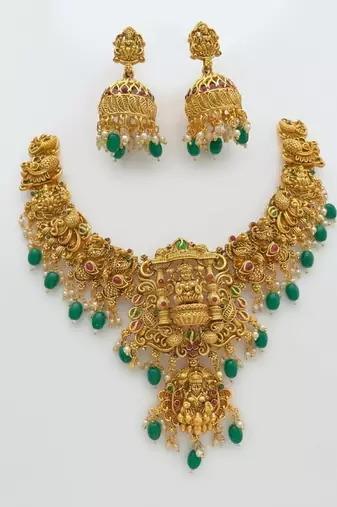 Gold temple jewelry set - south indian lakshmi necklace & jhumka earrings